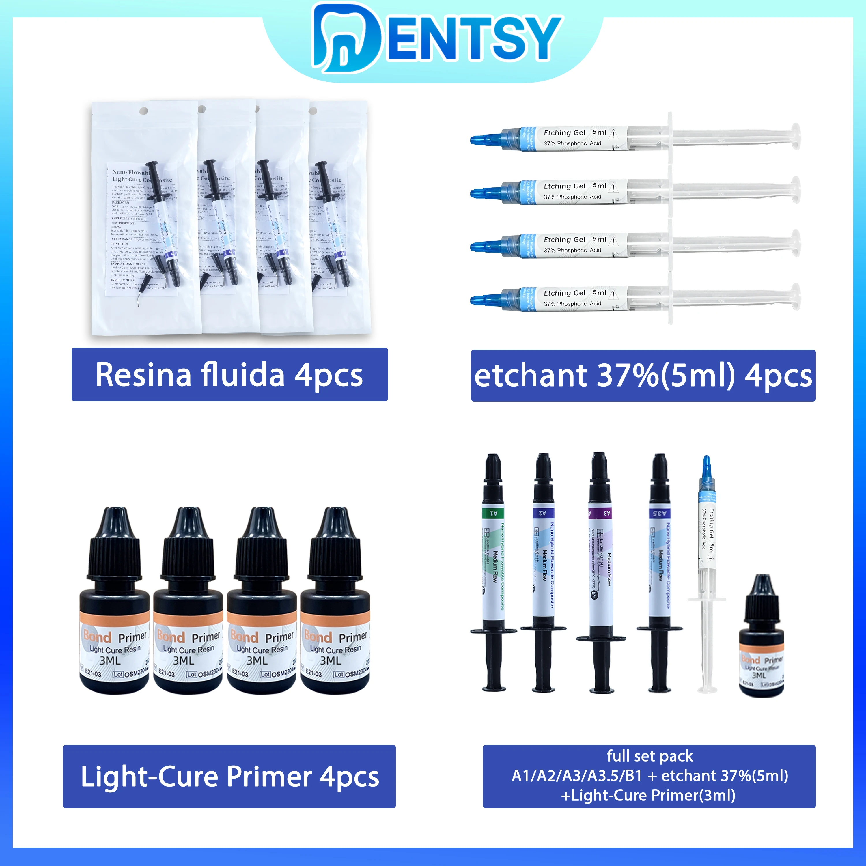 Kit de Resina Compuesta Fluida Dental - Resina Fotopolimerizable A1-A3.5 con Gel Grabador y Primer Adhesivo para Restauraciones