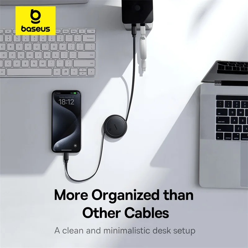 Baesus Cable retráctil USB C de 60W para iPhone 16 15 Plus Pro Max Cable de carga rápida para MacBook iPad Cable tipo C para Xiaomi