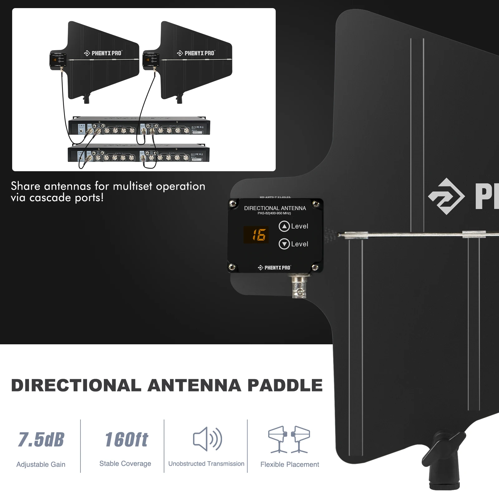 Paquete de sistema de distribución de antena inalámbrica Phenyx Pro UHF, antenas direccionales activas, 8 salidas + 2 puertos en cascada PAS-225X