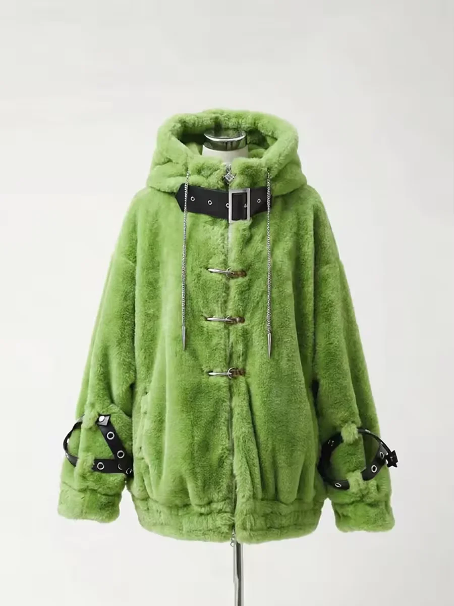 Abrigo de Piel Sintética Grueso y Cálido para Mujer, Otoño-Invierno, con Capucha y Cremallera, Estilo Japonés de Lujo, Punk Harajuku, Chaqueta Esponjosa 2026
