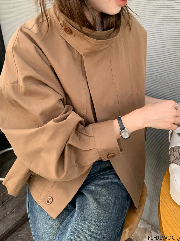 Prendas de Vestir exteriores cortas de Corea para mujer, abrigos informales holgados, Chic, de manga larga, mezclas de algodón, rompevientos Delgado