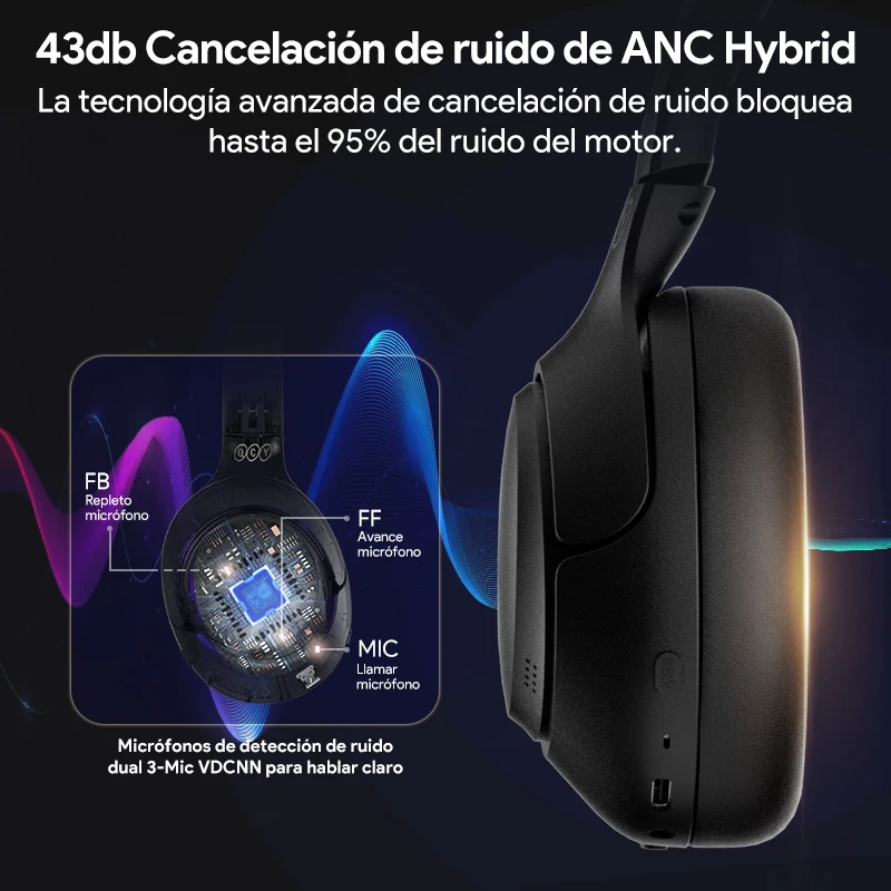 QCY-auriculares inalámbricos H3 ANC 43dB, cascos híbridos con cancelación activa de ruido, Bluetooth 5,4, Audio de alta resolución, 60H de tiempo de reproducción