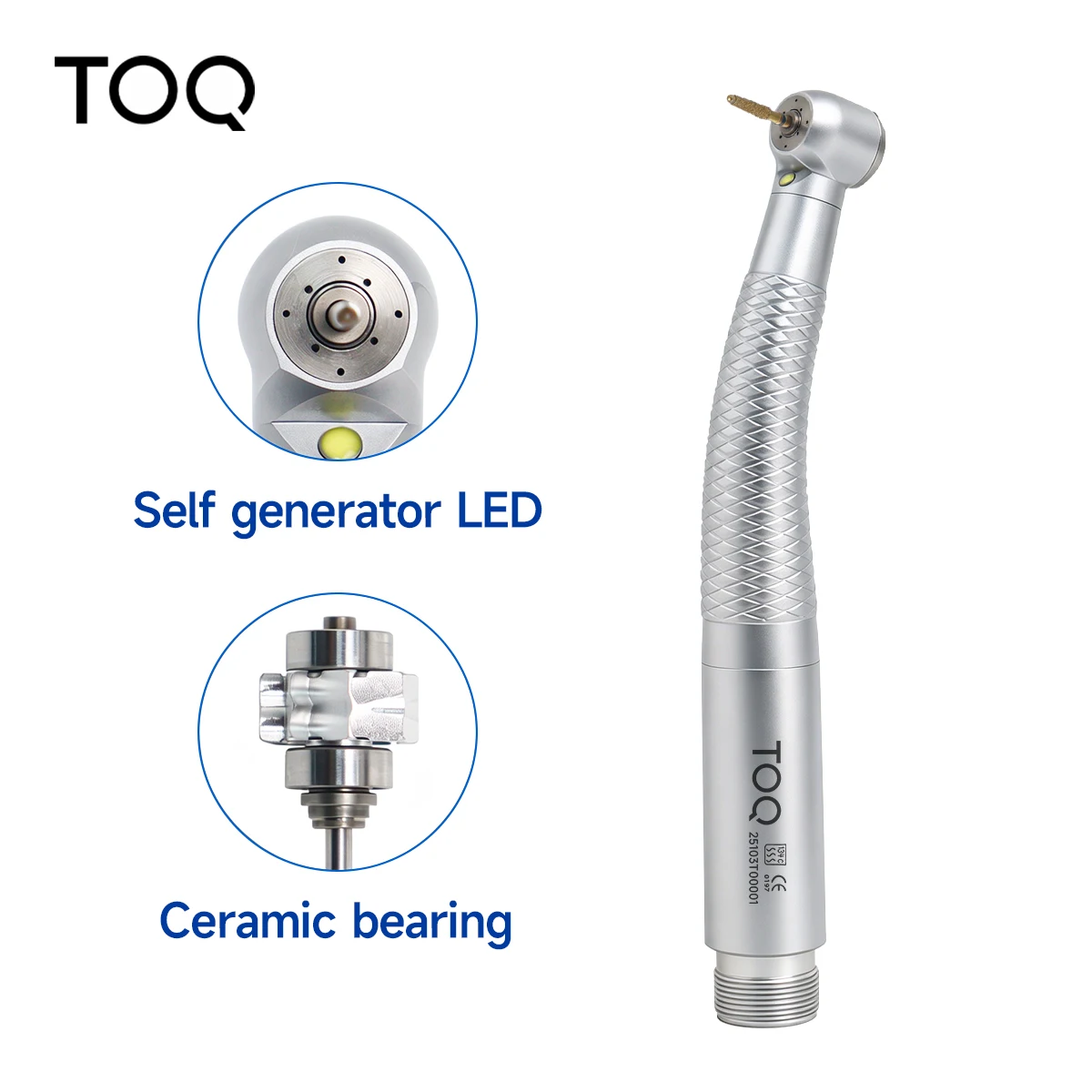 TOQ Dental Pieza de mano de alta velocidad con generador eléctrico autónomo, luz LED, turbina de aire, botón de presión, triple pulverización de agua, 2 orificios