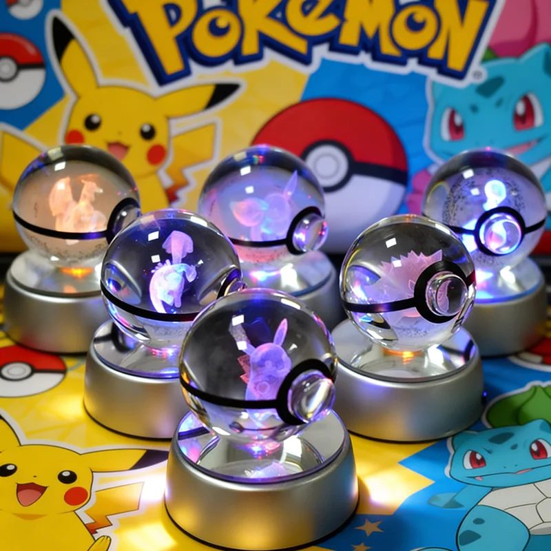 Bola de Cristal Pokémon 3D de 5CM, Mewtwo, Pikachu, Gengar, Bola de Cristal Pokémon, Figura Pokeball, Lámpara LED con Base de Luz Nocturna, Regalo
