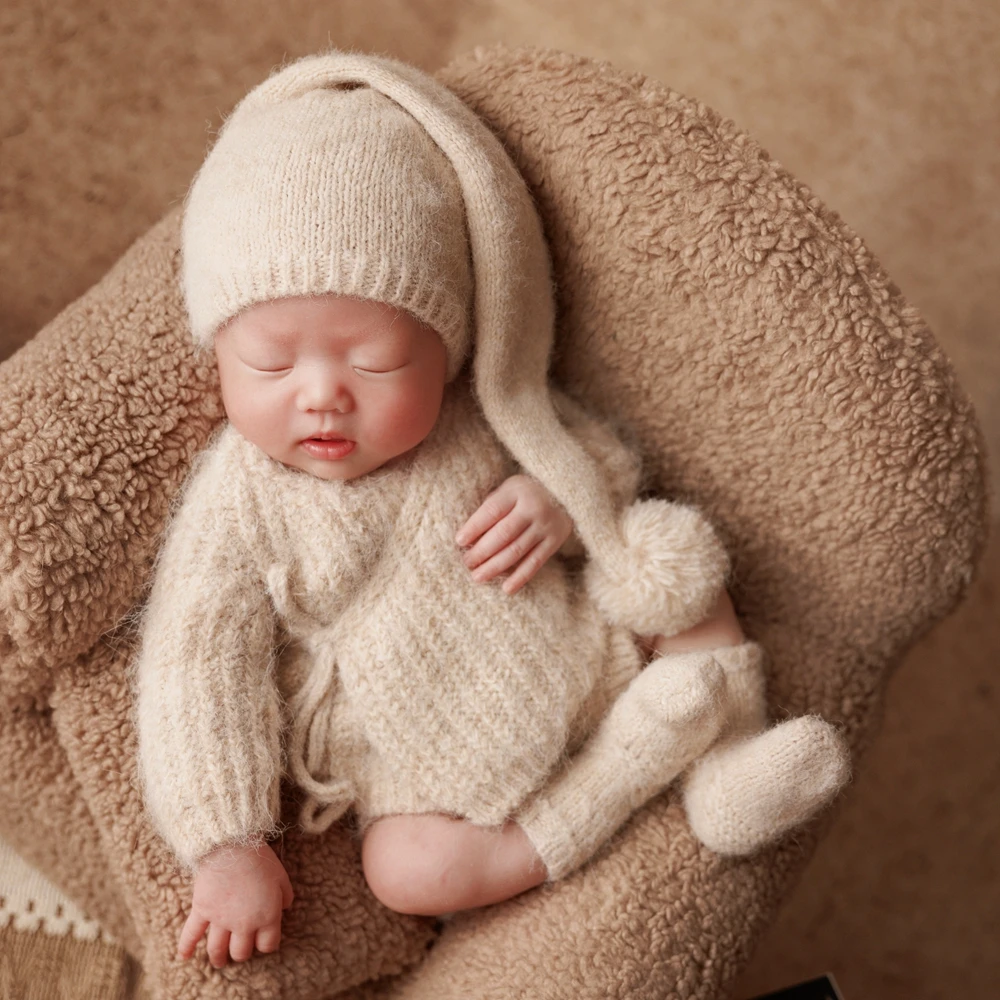 Trajes de punto para sesión de fotos de recién nacido, Top de manga larga, sombrero corto suave para dormir, calcetines, ropa de fotografía infantil blanca, disfraz para recién nacido