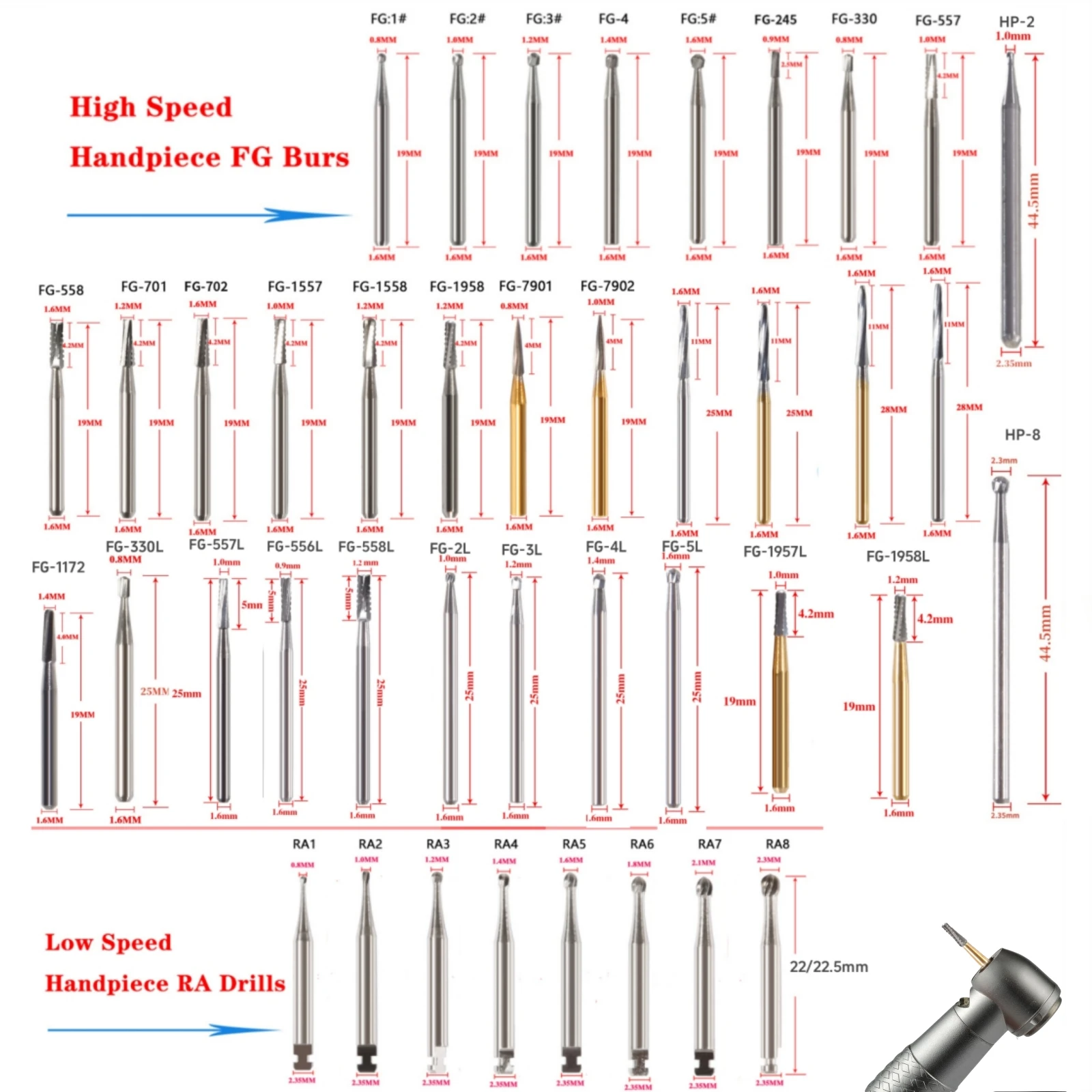 Paquete de fresas dentales de acero de carburo de tungsteno FG/Endo/FGXL/RA para pieza de mano de alta/baja velocidad, laboratorio de dentista de acero de tungsteno y uso clínico, 1 paquete