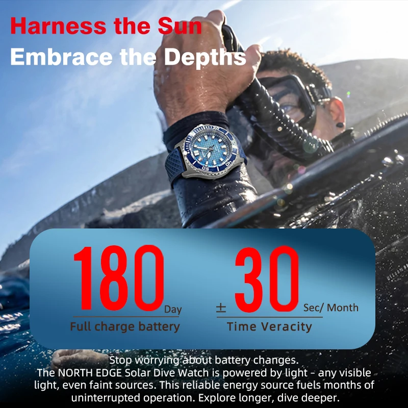 NORTH EDGE 2026 NUEVO ABYSS Reloj de Lujo de Cuarzo con Energía Solar para Buceo, Relojes Deportivos de Buceo Resistentes al Agua 200M, Acero 316L, Más de 180 Días de Autonomía