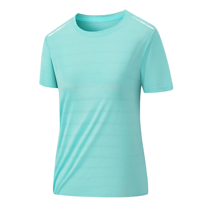CHRLCK, camiseta de manga corta de malla para mujer, talla US/EU, para correr y hacer ejercicio, de color sólido, transpirable, con tira reflectante