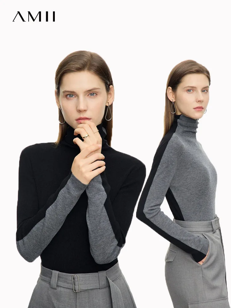 Amii-suéteres minimalistas de invierno para mujer, Tops de punto suaves ajustados de manga larga con cuello alto, jersey de retales, ropa 2024 12414019