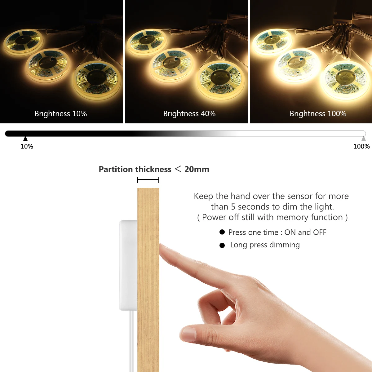 Tira de luces LED COB para debajo del gabinete, cinta de lámpara de armario, pantalla de colección, estantería, Sensor táctil regulable de madera Penetrable