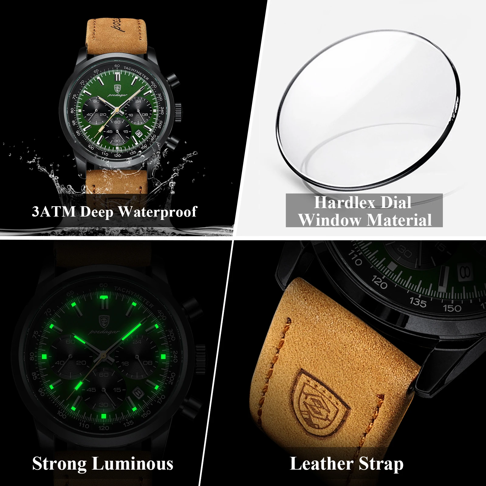 Reloj de pulsera deportivo POEDAGAR a la moda para hombre, cronógrafo luminoso resistente al agua, reloj militar para hombre, relojes de cuarzo de lujo de cuero para hombre