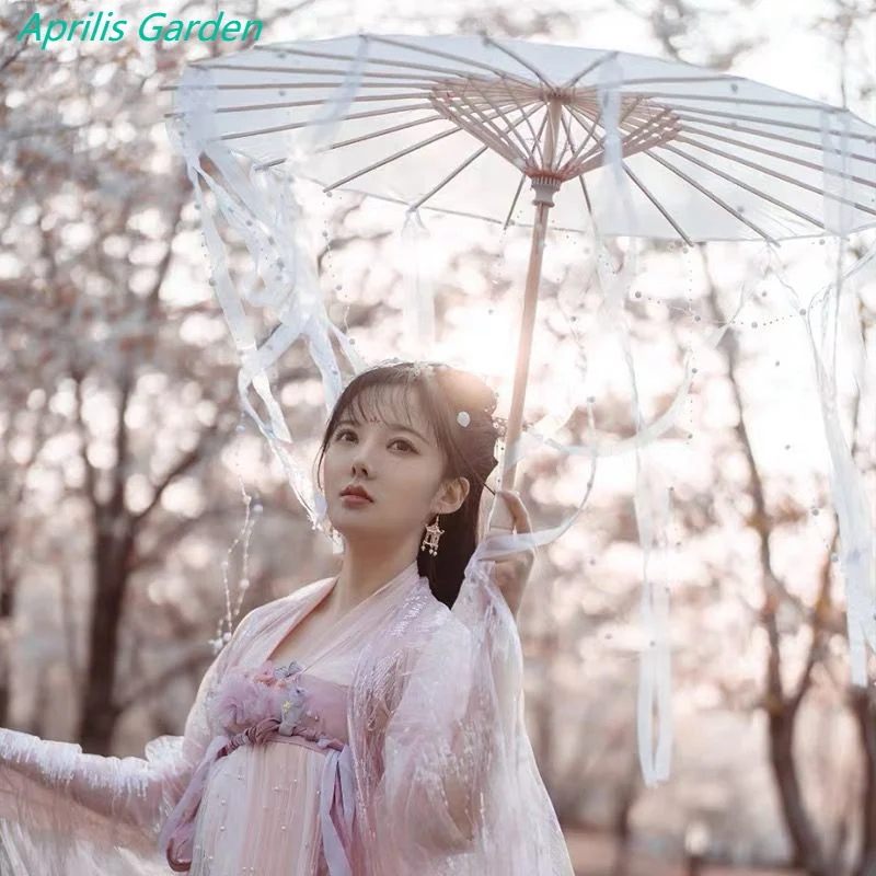 Paraguas LED chino japonés de hilo de papel engrasado, tela de seda, disfraz, paraguas de princesa antigua, paraguas artesanal blanco para Drama, Cosplay