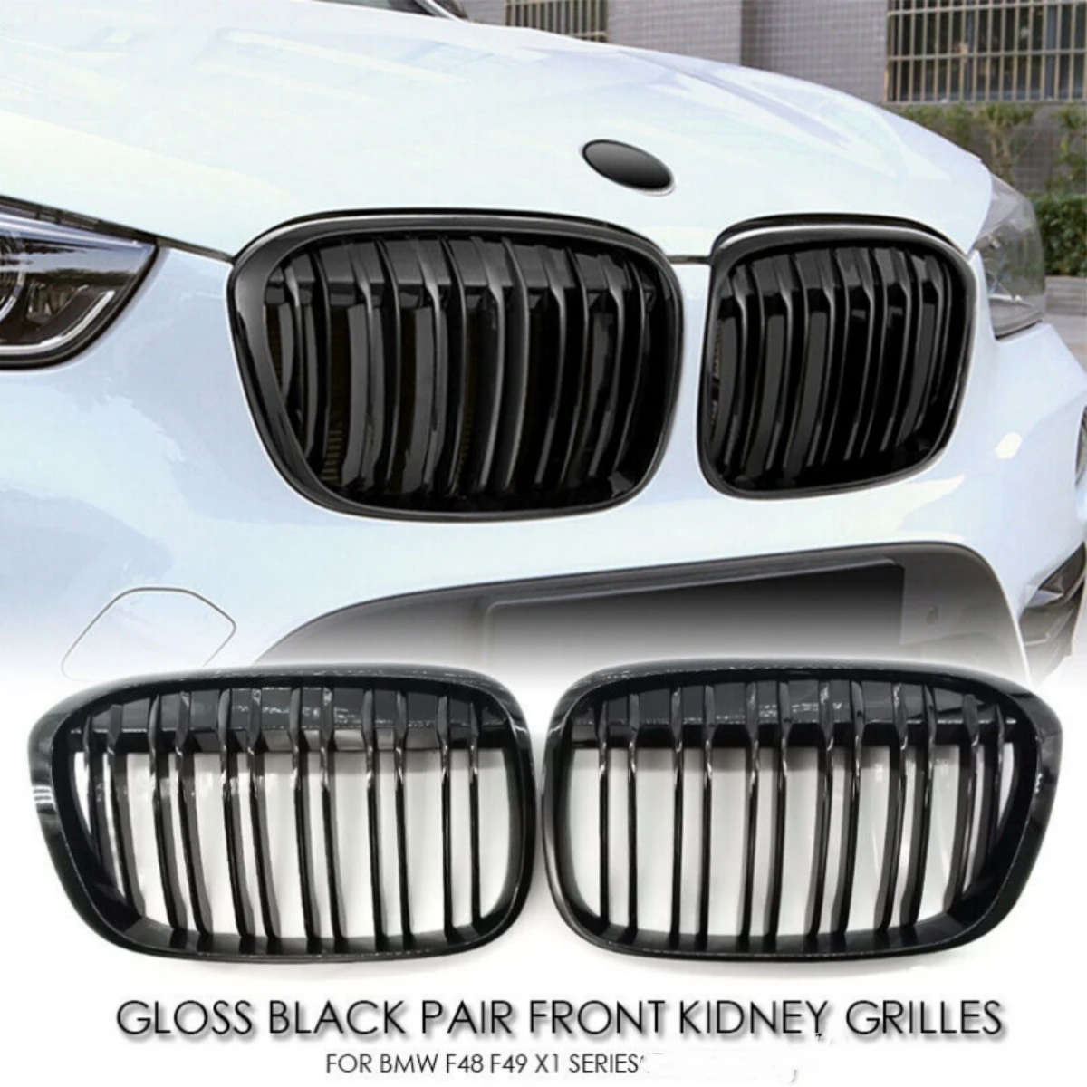 Rejillas de parrilla de riñón de parachoques delantero de coche de doble línea para BMW X1 F48 F49 2016 2017 2018 2019 2020 M estilo rejilla de carreras negro brillante