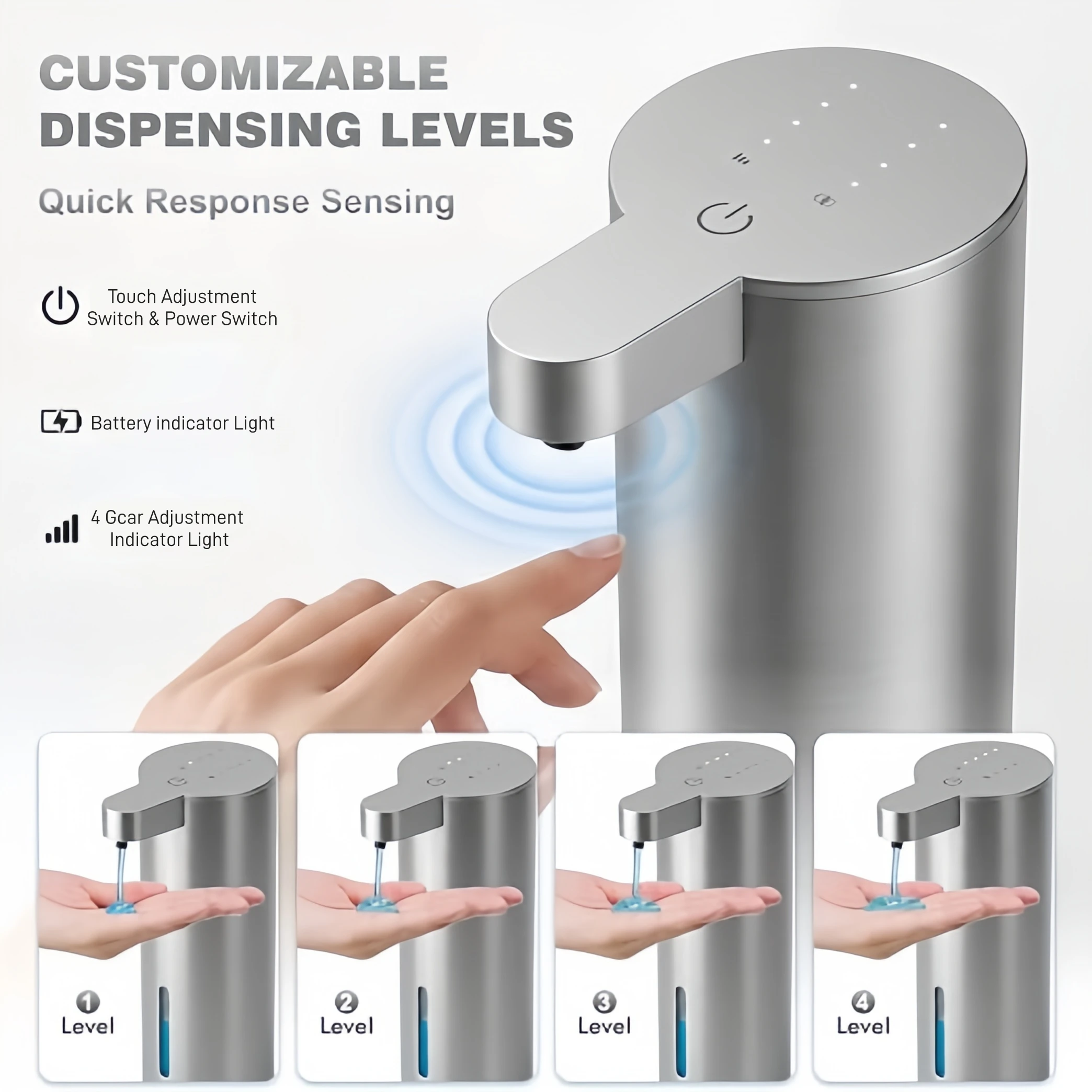  Dispensador de Jabón Líquido y Espuma de Acero Inoxidable, Múltiples Niveles, Carga Eléctrica Sin Contacto, Montaje Vertical en Pared para Baño
