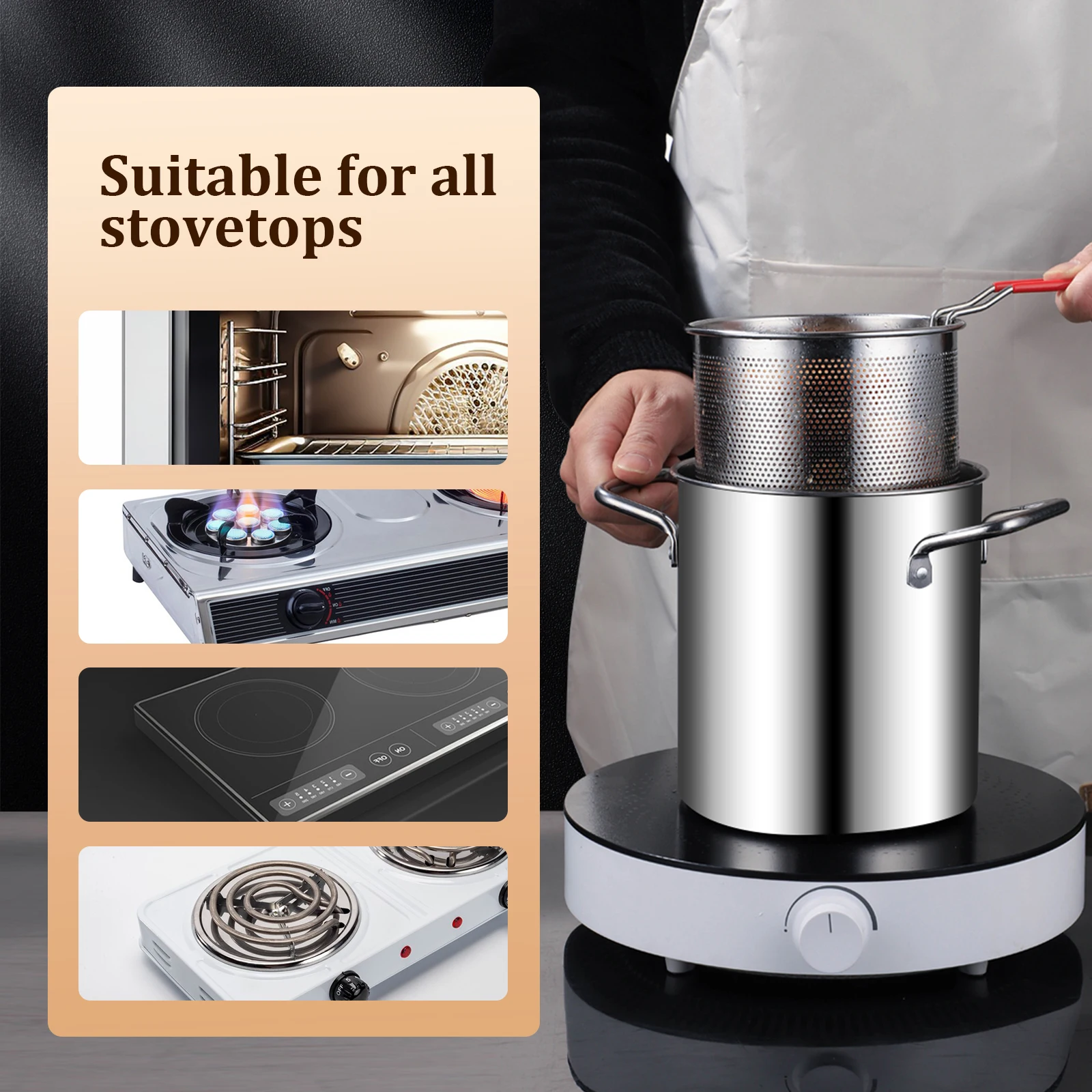 Olla para freidora de acero inoxidable 304, olla para freír con cesta y tapa, freidora de calidad alimentaria, olla para freír multifuncional de 3,2 cuartos