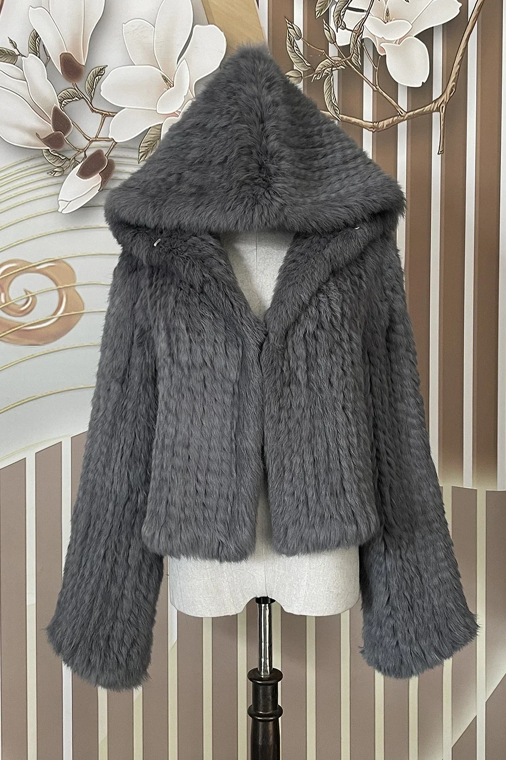 Abrigo con capucha de piel de conejo auténtica para mujer, chaqueta de piel auténtica holgada informal de manga larga con capucha, prendas de vestir de piel Natural para mujer
