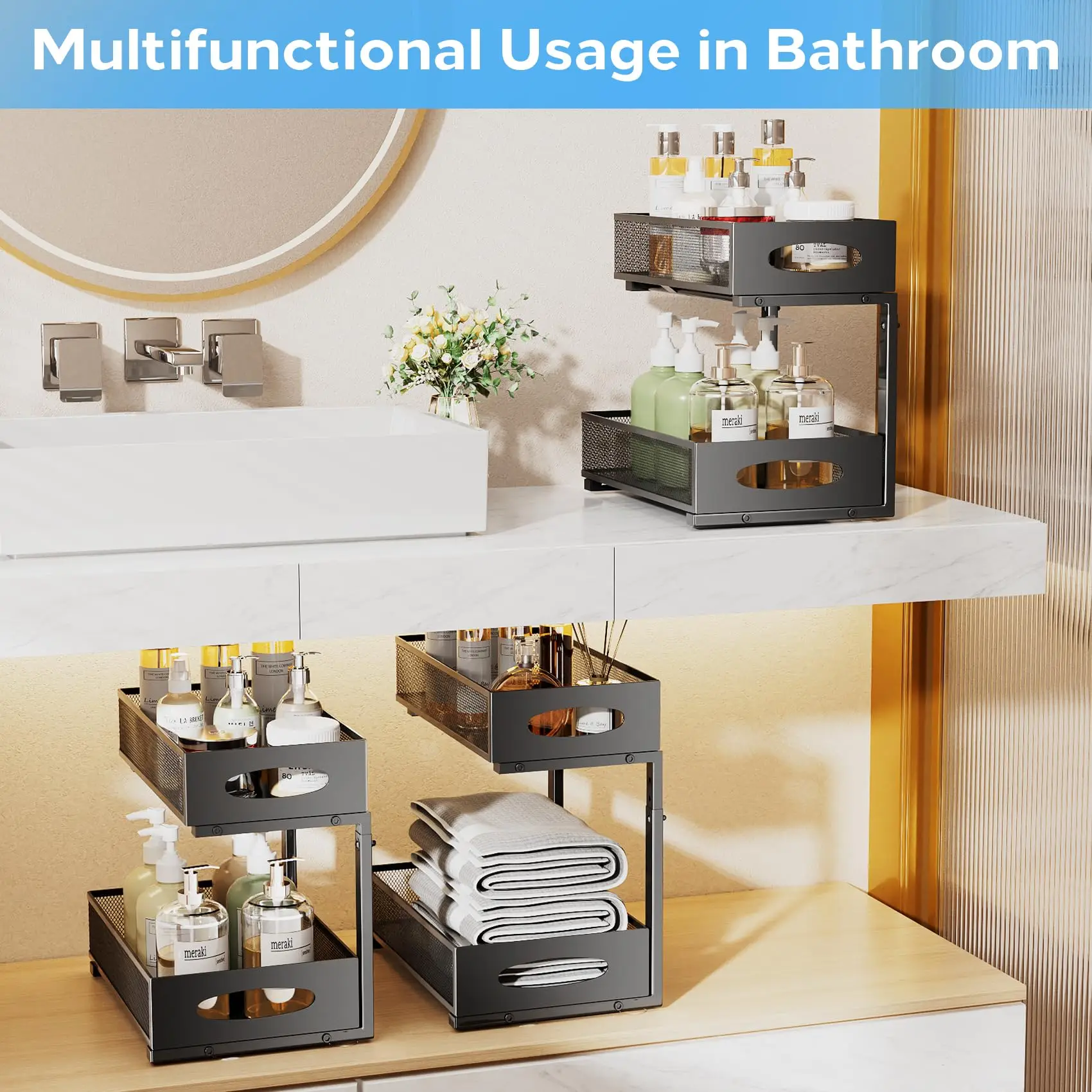 Organizadores y almacenamiento debajo del fregadero, organizador de gabinete extraíble de metal ajustable de 2 niveles para baño, cocina, despensa