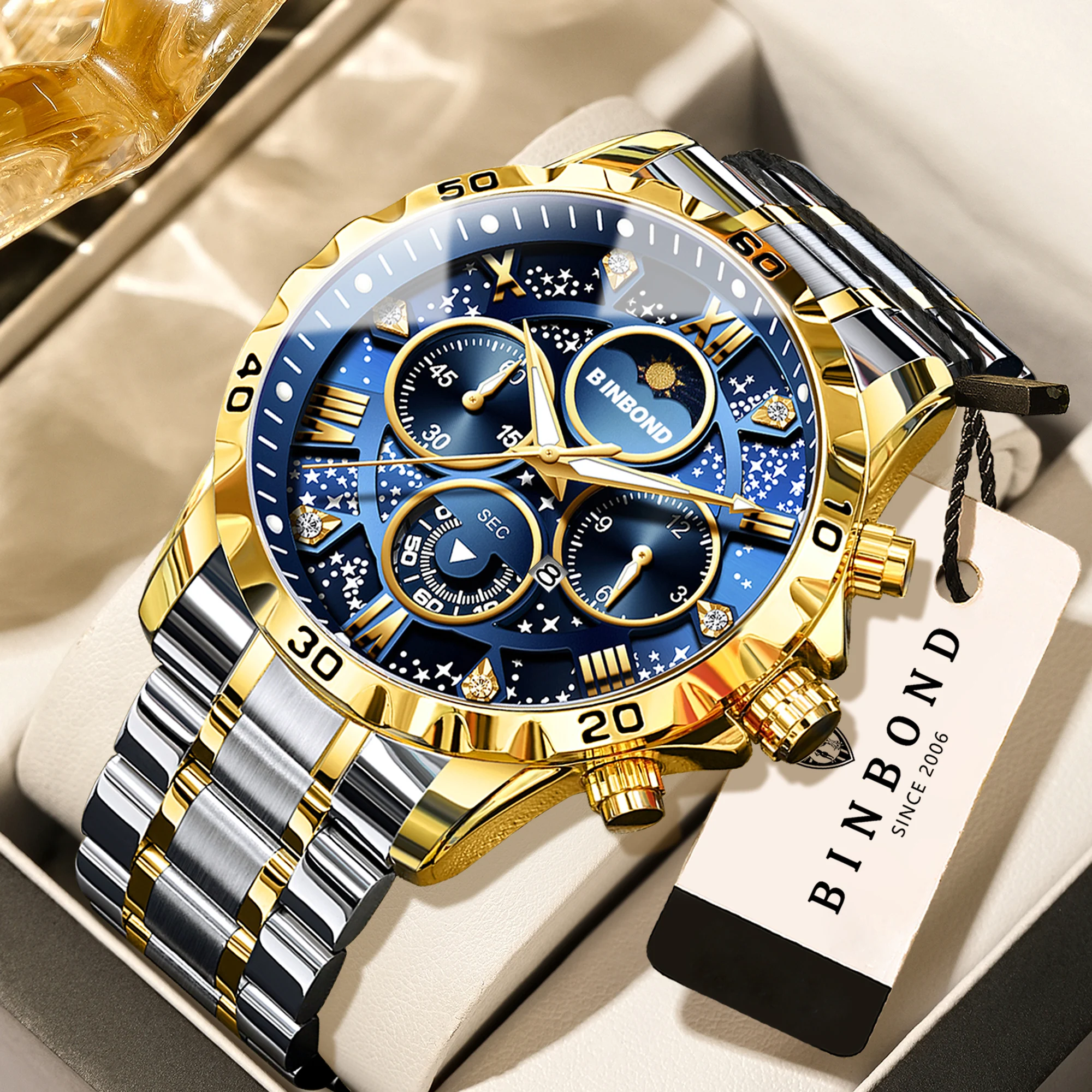 Relojes de cuarzo de la marca original BINBOND para hombre, reloj de lujo luminoso de acero inoxidable con cronógrafo, reloj para hombre elegante.