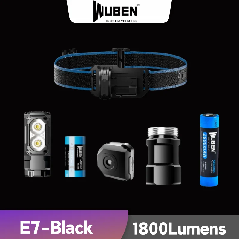Wuben E7 1800 lúmenes Lámpara frontal y linterna ultraligera y liviana Luz Troch recargable (negro blanco frío: 5000 K)