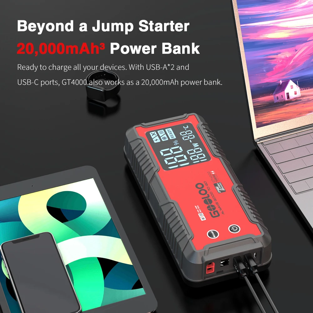 Arrancador de Coches GOOLOO de 20000 mAh, Batería de Coche de 12 V, Corriente Máxima de 4000 A, Cargador Portátil, Banco de Energía Portátil para Dispositivos de Emergencia