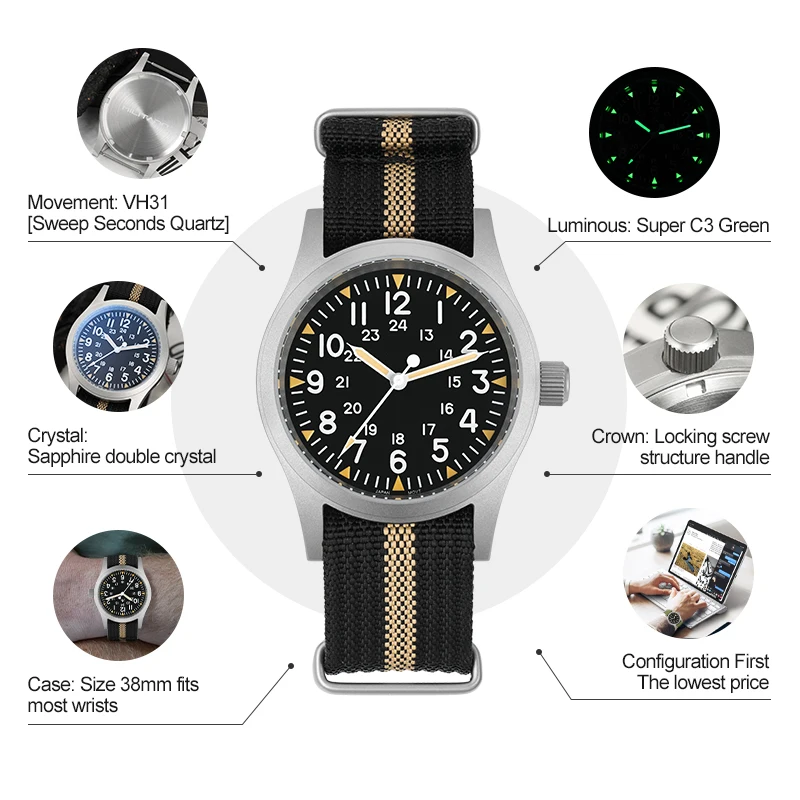 Reloj Militado ML05 de 38mm Vintage VH31, relojes de campo con movimiento de cuarzo, cristal de zafiro con cúpula y reloj de pulsera con revestimiento AR de alta claridad