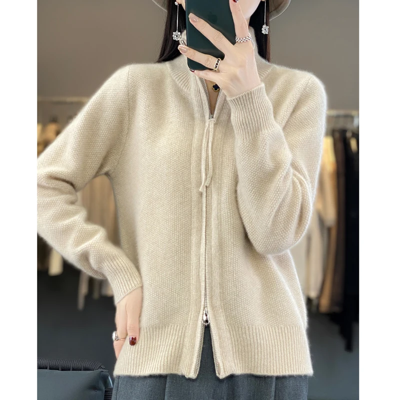 Suéter de punto de lana merina 100% para mujer, cárdigan con cuello vuelto, Tops gruesos, chaqueta suave de Cachemira con doble cremallera, Otoño e Invierno