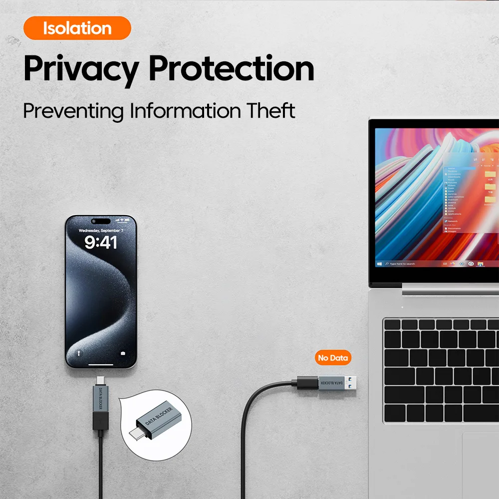   Adaptador de Seguridad con Protección de Datos USB A/C Macho a USB A/C Hembra, Convertidor Anti-Fugas de Privacidad para Carga de Teléfonos Móviles y Portátiles