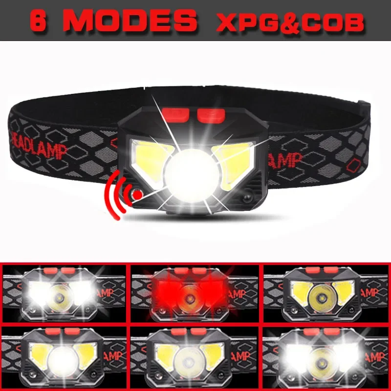 Potente linterna frontal con Sensor LED, linterna frontal recargable por USB, linterna frontal para búsqueda de acampada, linterna frontal para pesca
