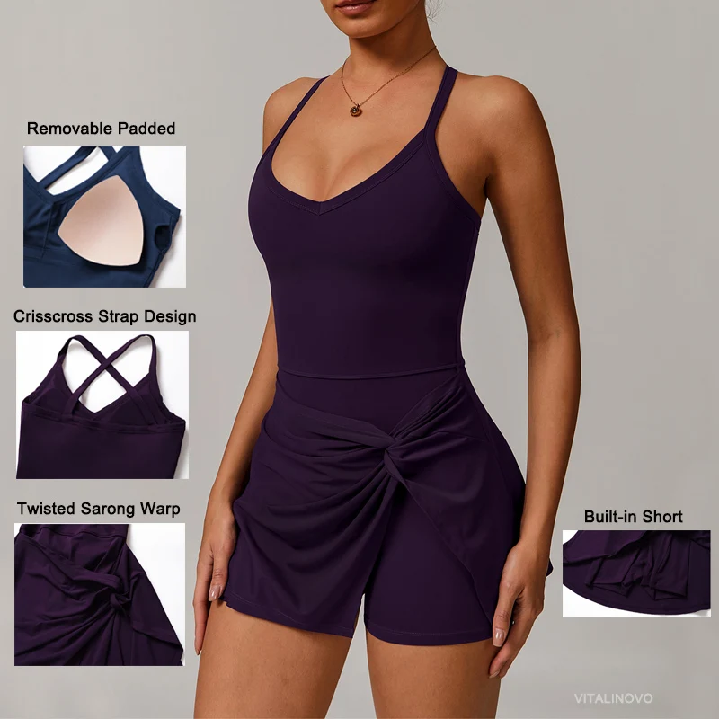VITALINOVO Vestido de tenis para mujer con pantalones cortos debajo del vestido de entrenamiento con sujetador incorporado Vestidos deportivos con cuello en V profundo Vestido de golf