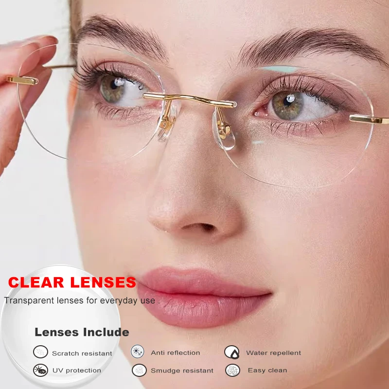 1,61 lentes de mujer, gafas de titanio sin montura con diseño ovalado, gafas doradas graduadas para miopía, 6g, antiluz azul transparente CR39