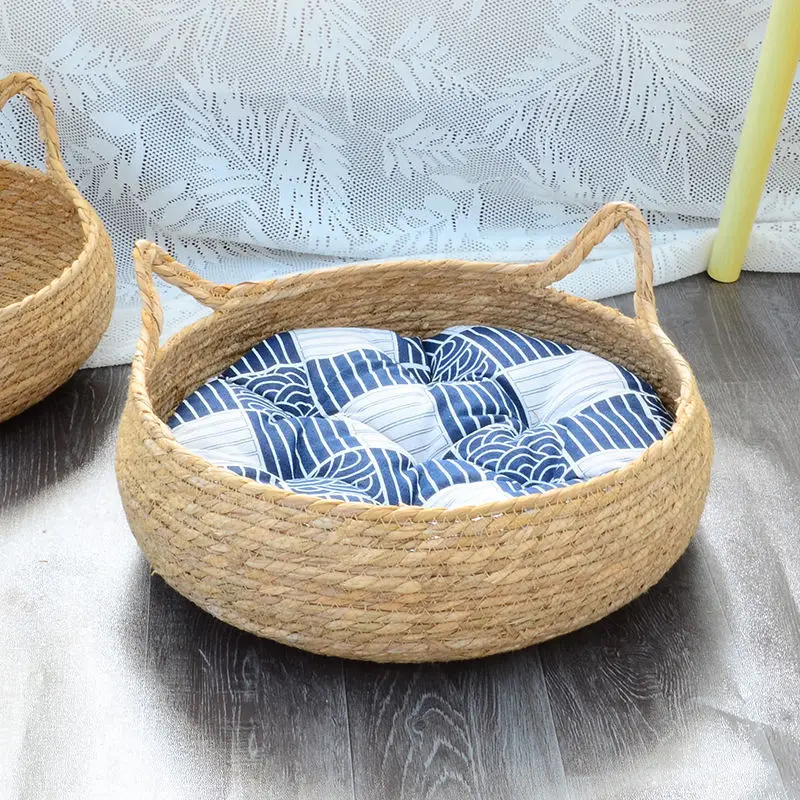 OUZEY-cesta tejida de mimbre para gatos, cama para gatos con cojín, suave y cálida, cama para cachorros y gatitos, Donut, redonda, cómoda, para dormir