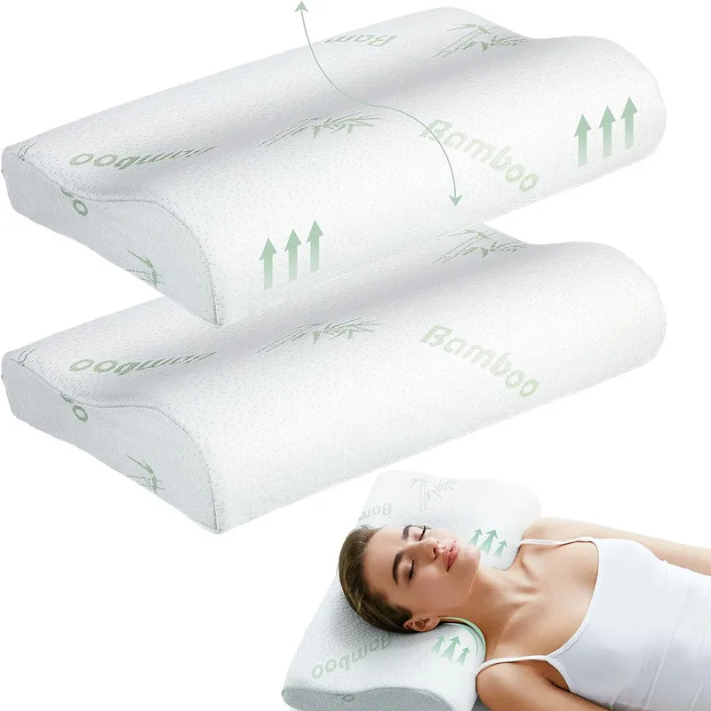 Almohada de bambú, almohada de espuma viscoelástica con funda extraíble con cremallera, almohada de bambú para el cuello para dormir, diseño ergonómico JAF022