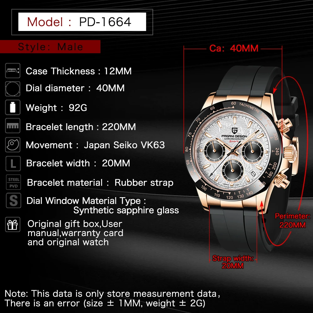 PAGANI DESIGN 2026 NUEVO 1664 Reloj de Hombre con Esfera de Meteorito, Reloj de Cuarzo de Lujo con Zafiro para Hombre, Cronógrafo Deportivo, Reloj Hombre