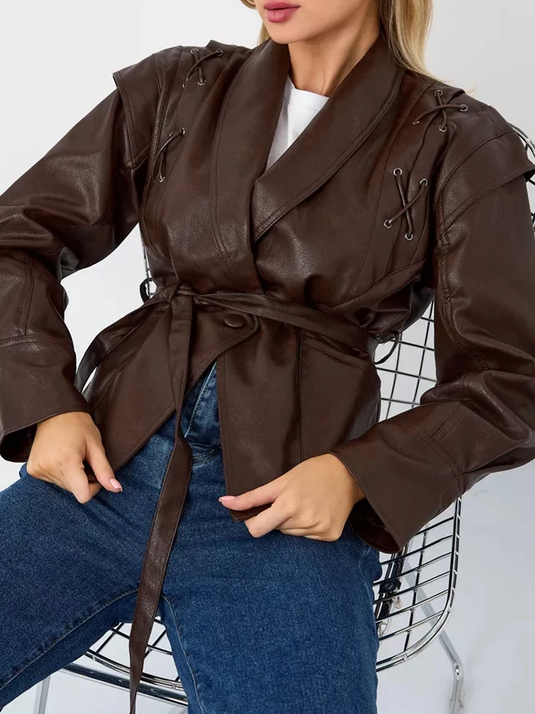 Ailegogo primavera otoño mujer Vintage ropa de calle cinturón suelto un solo botón manga larga chaqueta de piel sintética prendas de vestir