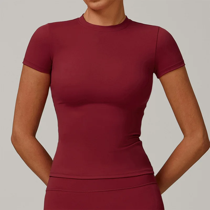 Camiseta deportiva para mujer, camiseta de verano de manga corta para correr, cuello redondo, transpirable, elástica, para gimnasio, Yoga, Fitness, Top activo