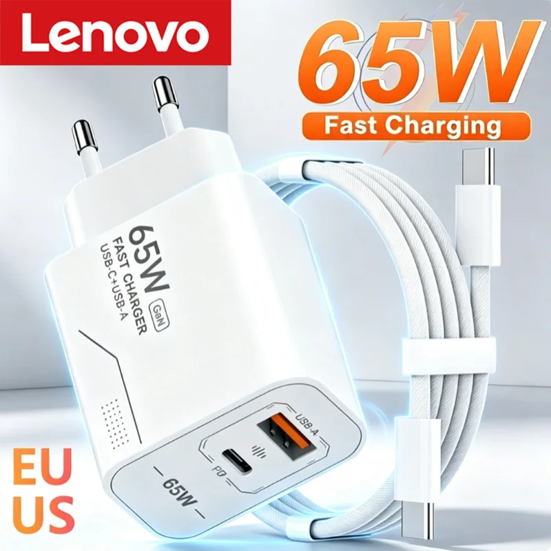 Cargador Universal Lenovo PD 65W, Cargador de Smartphone Compatible con Todos los Protocolos, Cargador Multi-Puerto A+C con Adaptador EU/US y Cable de Datos de 1m