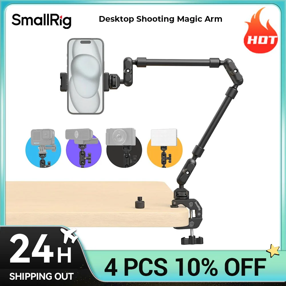 Brazo mágico de disparo de escritorio SmallRig con kit de abrazadera de cangrejo, brazo mágico ajustable para teléfonos inteligentes, webcámaras y cámaras de acción 4766
