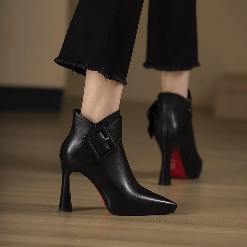Botas de Tacón Alto para Mujer 2024, Negras, de Punta Afilada, Antideslizantes, de Cuero, con Hebilla, Zapatos Sexys de Tacón Bajo, Casuales y a la Moda