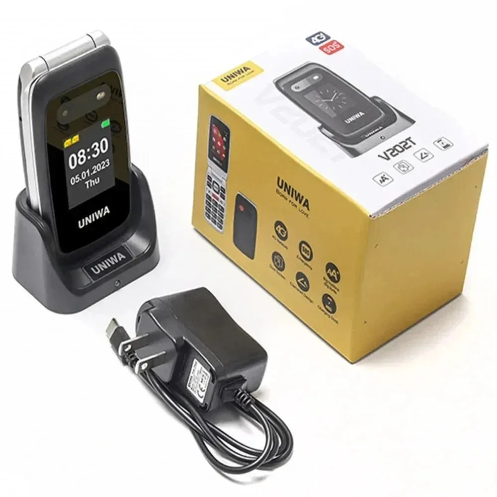 Teléfono Móvil Flip UNIWA V202T 4G con Doble Pantalla y Botones Grandes para Personas Mayores, 1450mAh, Función SOS