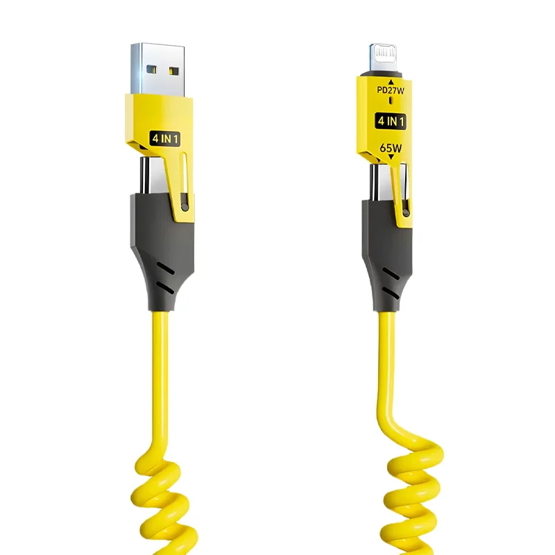 Cable USB de resorte de carga rápida de 65W, Cable de datos de resorte 4 en 1, Cable telescópico de resorte USB tipo C 6A para iPhone, iPad, MacBook, Huawei