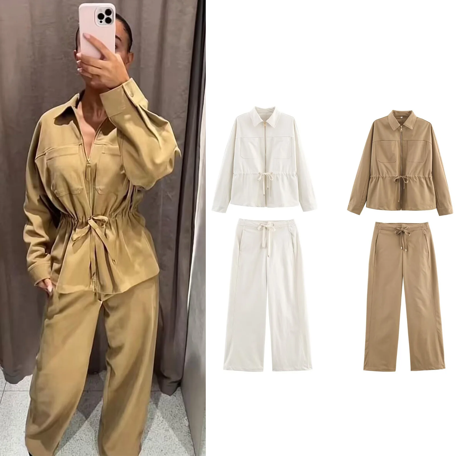 HH, pantalones informales para mujer, trajes de manga larga, cazadora con cremallera sólida + Pantalones con cordón, moda de otoño, ropa de Safari, conjunto caqui