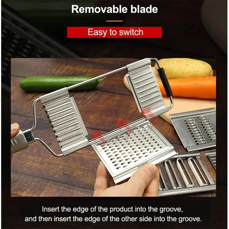 Cortador de verduras 4 en 1 de acero inoxidable, rebanador multiusos, juego de cortadores manuales para frutas, zanahorias y patatas.