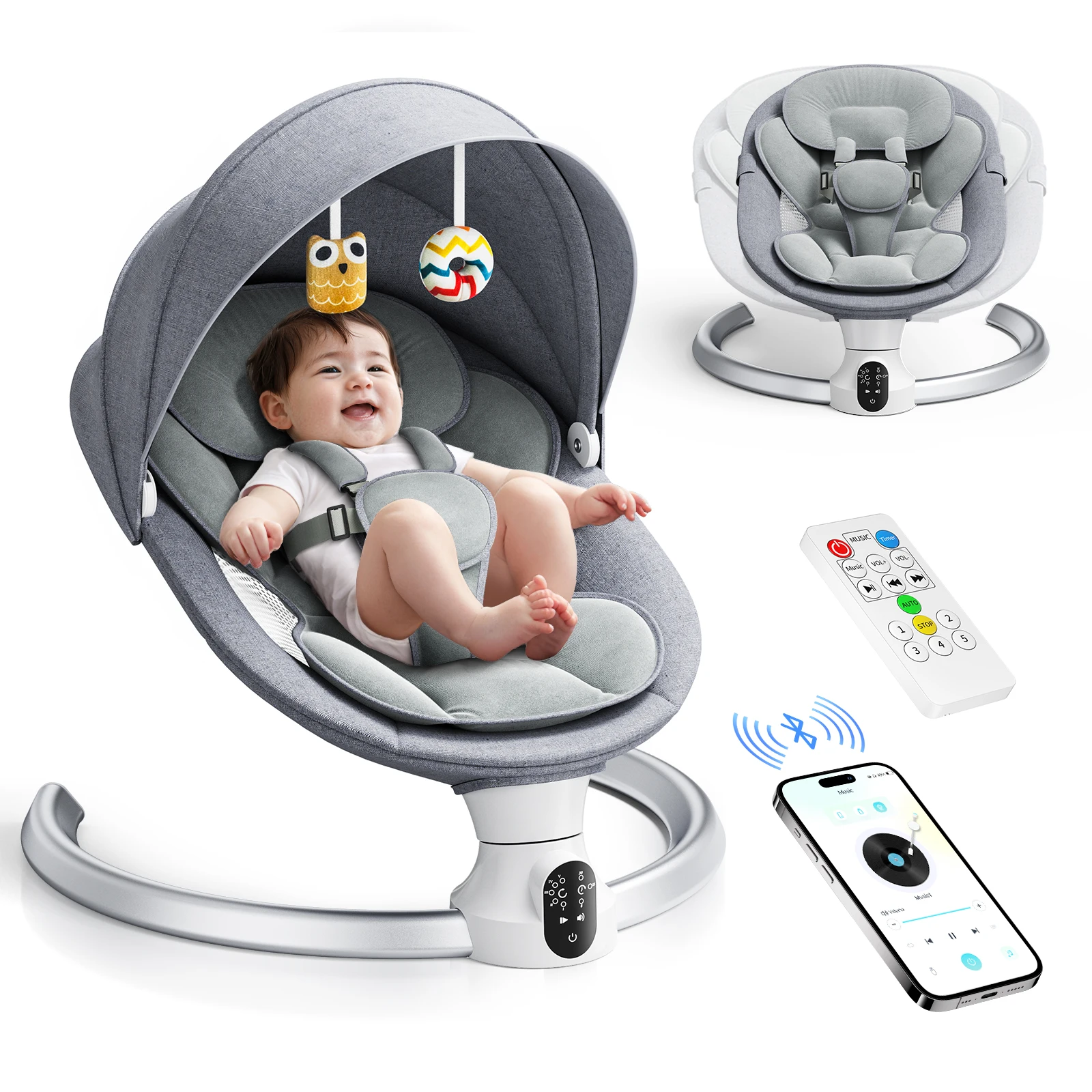 Columpio eléctrico para bebé, balanza para bebé con aplicación y control remoto desde el nacimiento hasta 9 kg, arnés de 5 puntos, báscula para bebé mejorada con 3 temporizadores