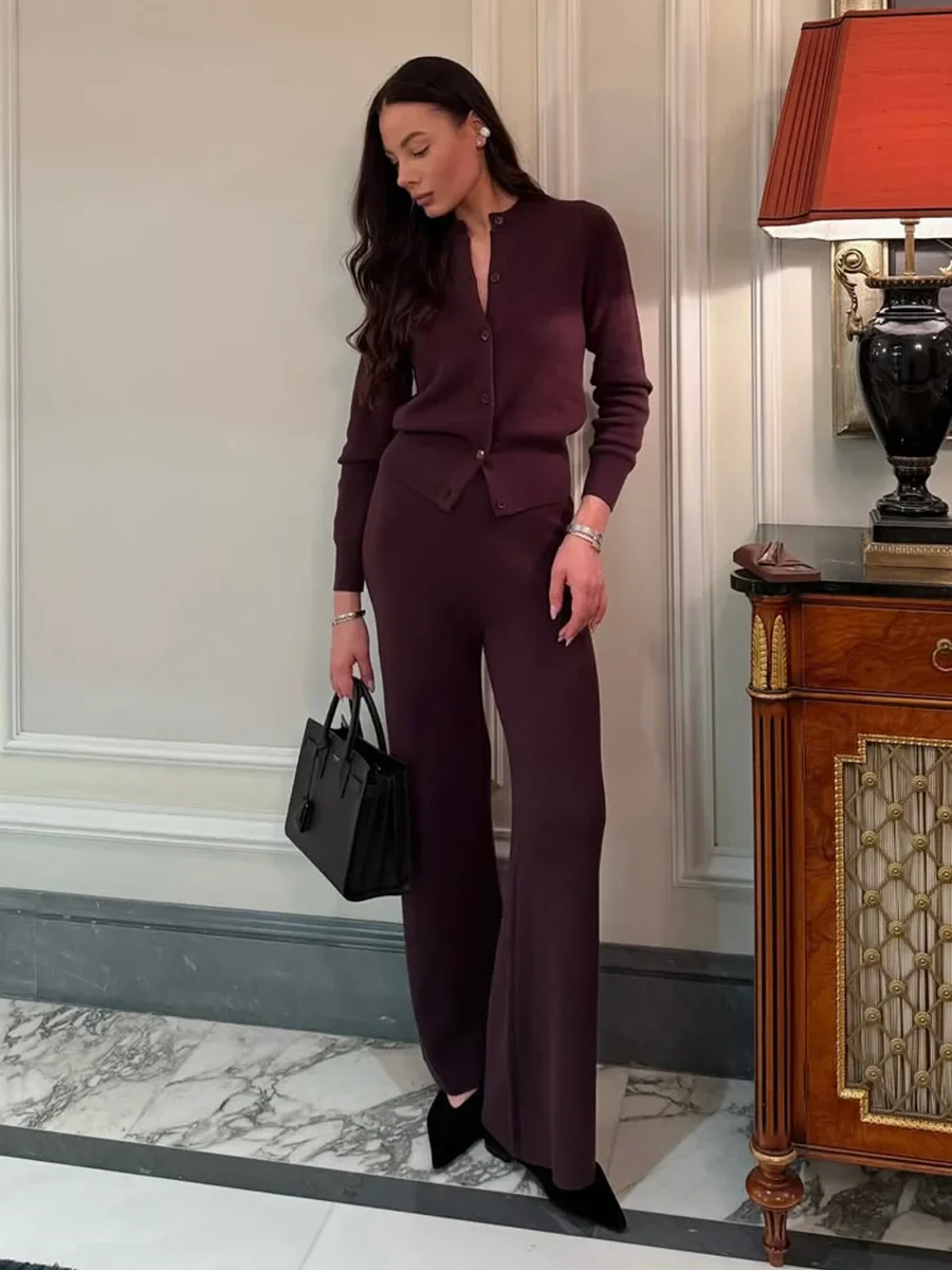 Wolfeel, nuevo cárdigan de punto para otoño e invierno para mujer, conjunto de pantalones ajustados de manga larga, pantalones largos, traje de suéter Simple de Color sólido