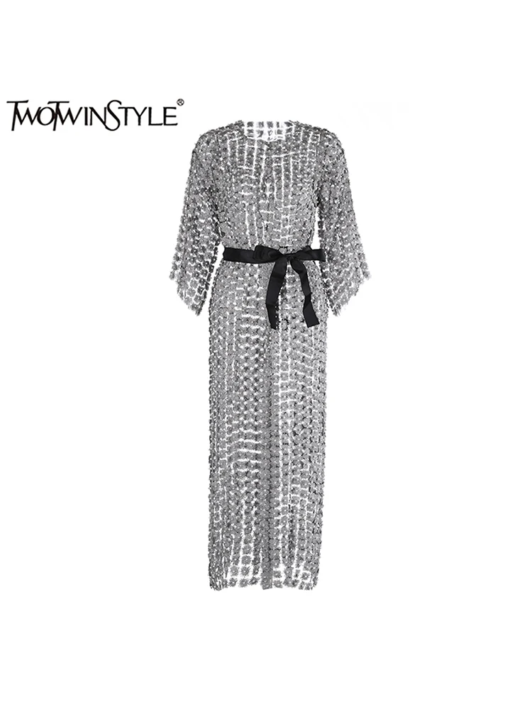 TWOTWINSTYLE, vestidos elegantes de parches lisos con perlas para mujer, cuello redondo, manga larga, lazo empalmado, vestido Midi adelgazante para mujer, nuevo