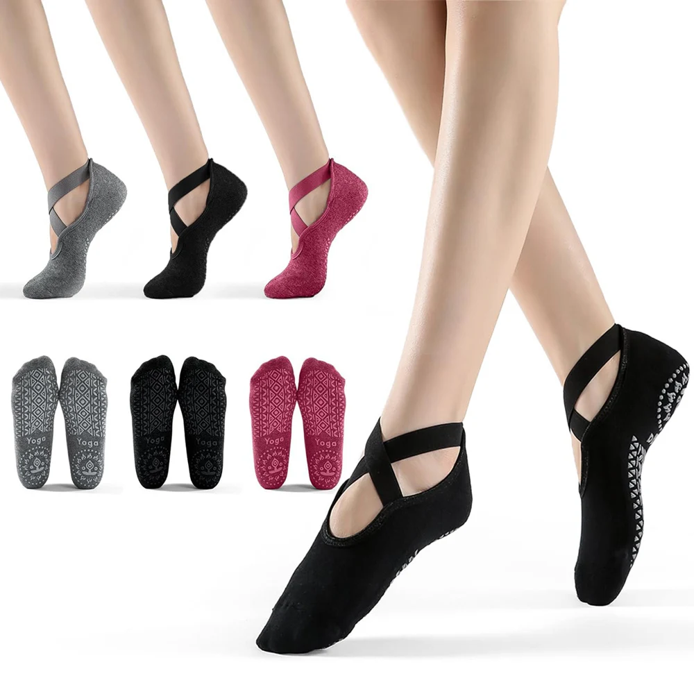 3 pares de calcetines de Yoga para mujer, calcetines antideslizantes de silicona para Ballet y Pilates, calcetines deportivos de baile transpirables con espalda descubierta de algodón para mujer