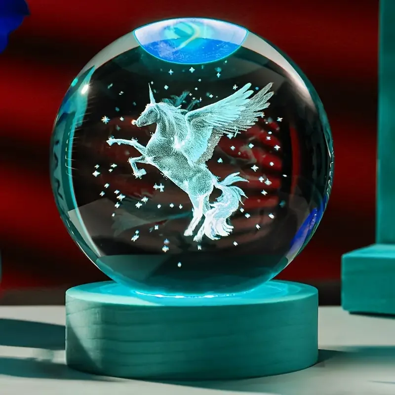 1 bola de cristal tallada con láser 3D de unicornio con portalámparas LED de color madera, decoración del hogar, novia, colega, nacimiento de esposa