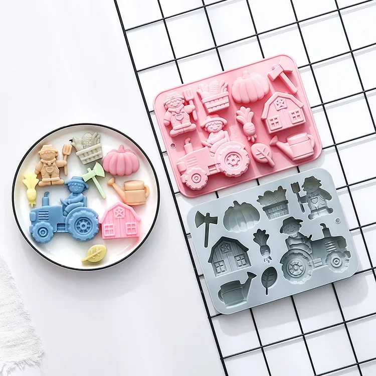 Molde de silicona para modelado de tema de granja de 9 agujeros, herramienta para hornear, molde para pastel, cubo de hielo, molde de Chocolate epoxi, accesorios para hornear