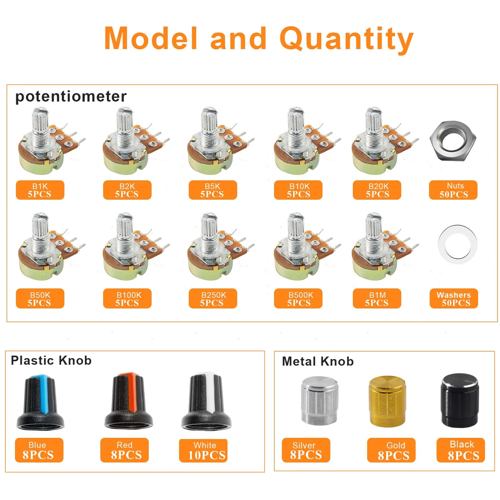 Kit de potenciómetros WH148, 200 Uds., potenciómetros de una sola articulación con perilla giratoria b1k 2k 5k 10k 20k 50k 100k 250k 500k 1m