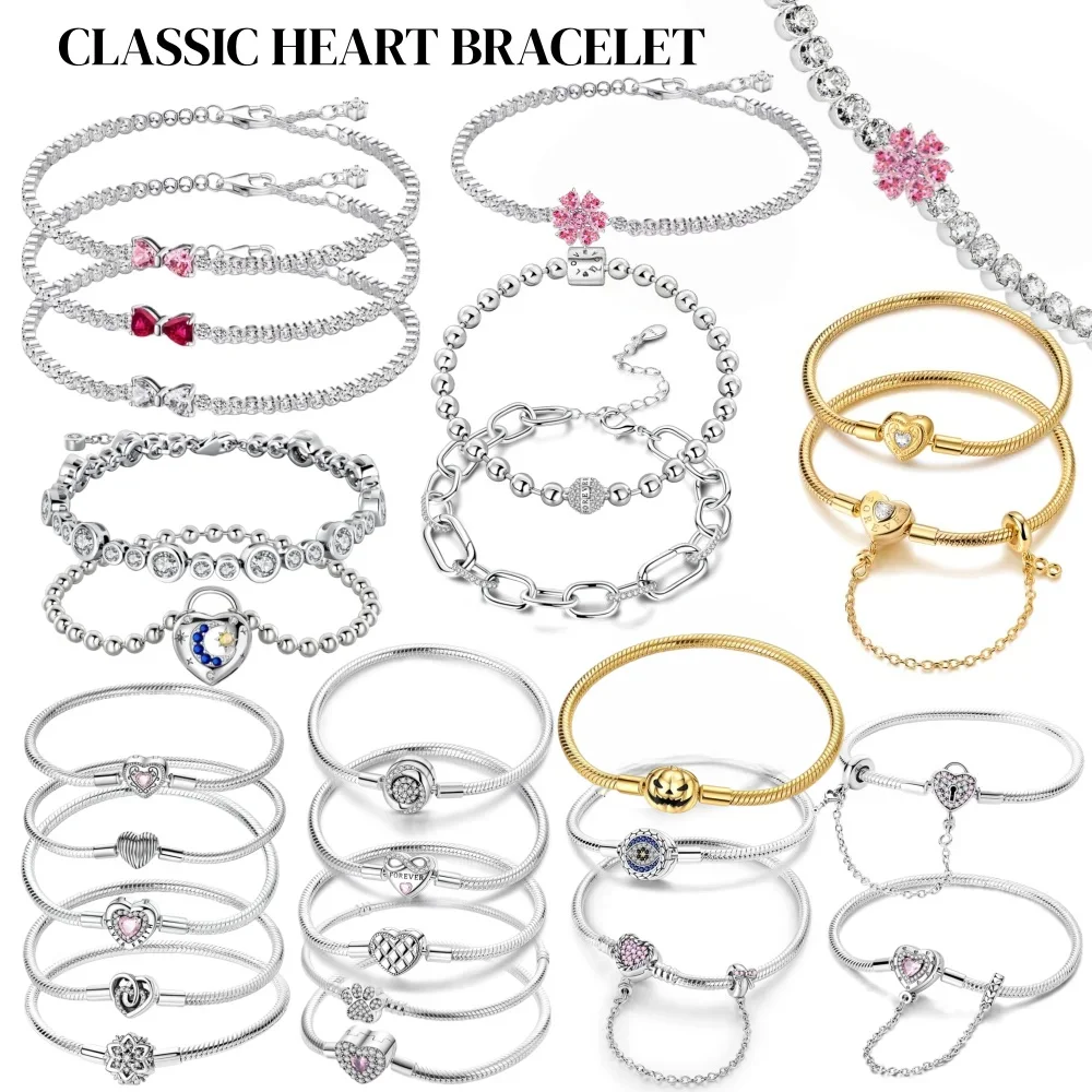 2026 San Valentín Nueva Pulsera de Plata 925 con Lazo Rosa y Diamantes Completos Original 17-20CM Compatible con Charms DIY Regalos de Joyería para Mujer en Cumpleaños